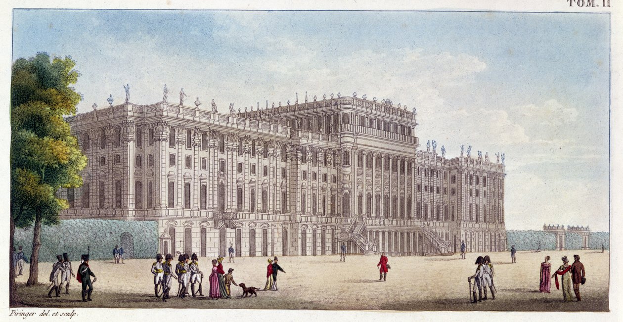 Vista, de, a, Schonbrunn, palácio, visto, de, a, jardins, cedo, 19o século de Benedict or Benedikt Piringer