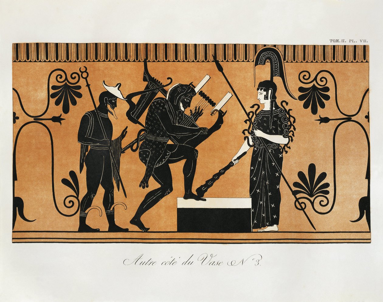 Cena de um vaso grego antigo com Héracles a tocar lira diante de Atena e Hermes atrás dele, por Piringer (segundo o original grego), gravura de Benedict or Benedikt Piringer