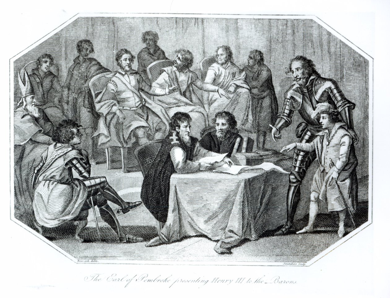 O conde de Pembroke apresentando Henry III (1207-72) aos Barões, 1216 gravada por Saunders de Benezach