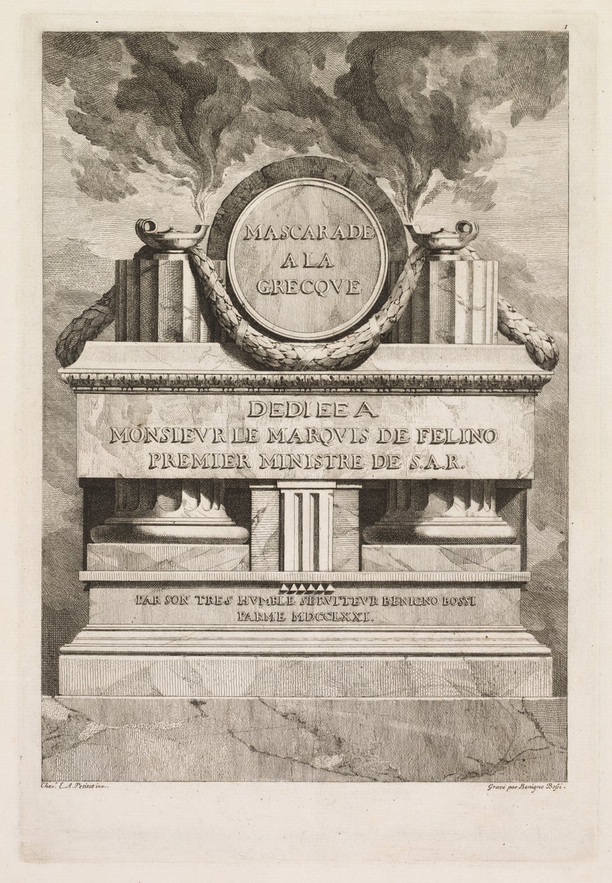 Mascarada Grega: Página de Dedicação, 1771. de Benigno Bossi