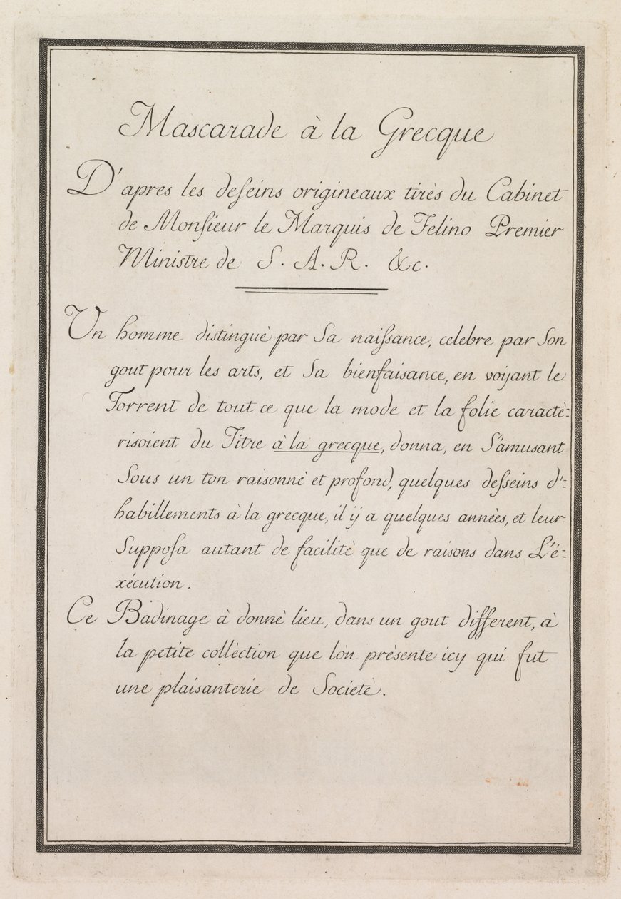 Mascarada Grega: Página de rosto Placa 1, 1771. de Benigno Bossi