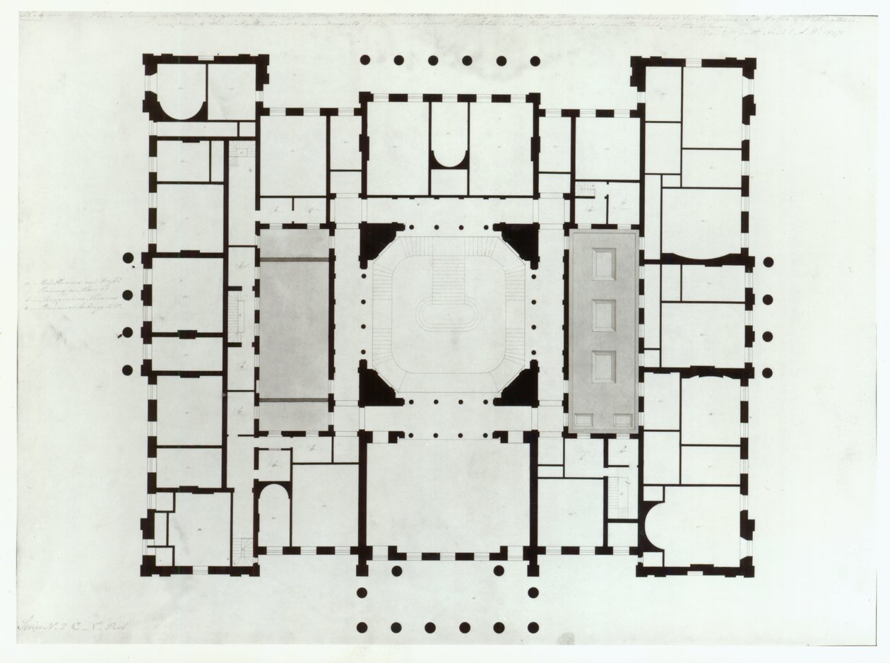 Plano do mezanino, 1815 (caneta e tinta preta, cinza lava) de Benjamin Dean Wyatt