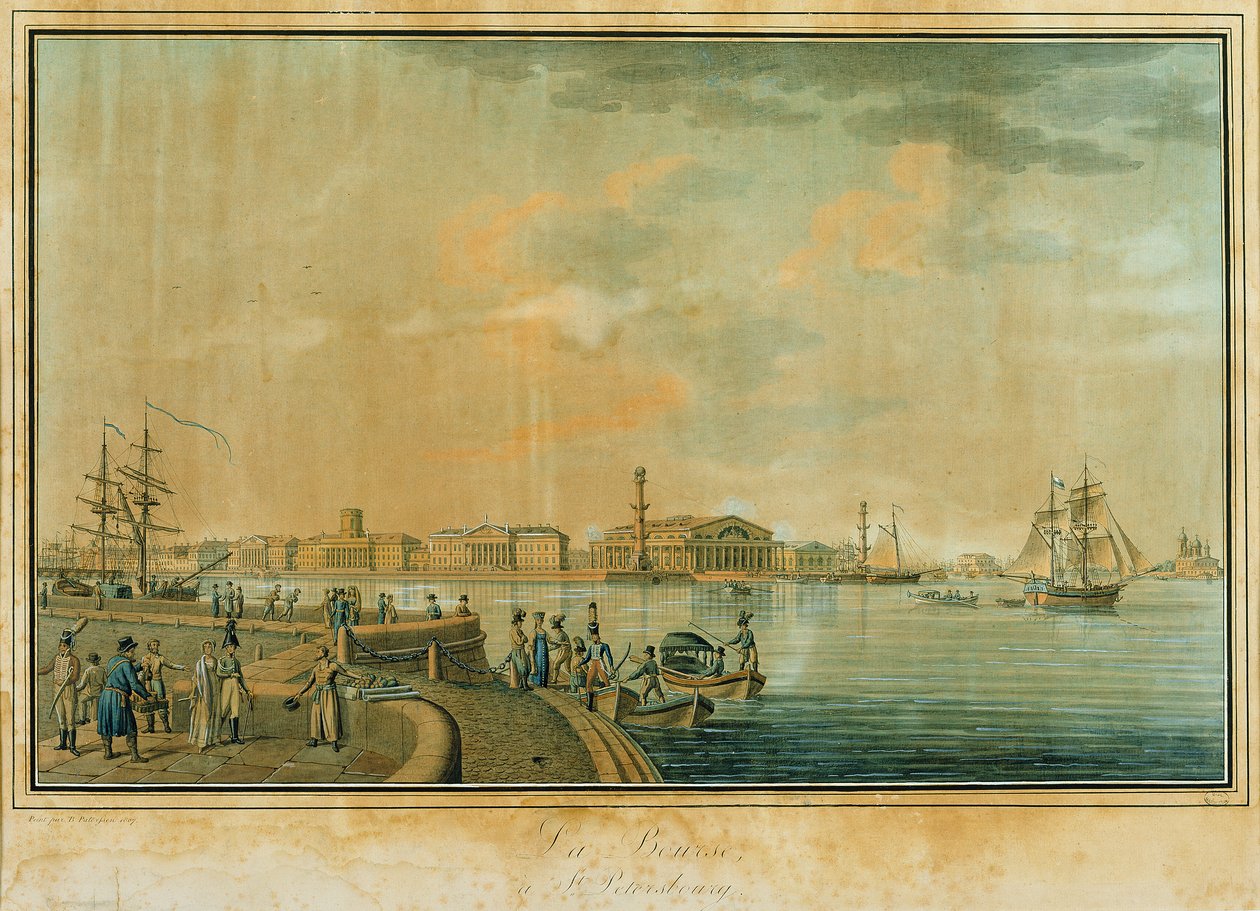A Bolsa e as Colunas Rostrais, São Petersburgo, 1807 (gravura com wc) de Benjamin Patersson