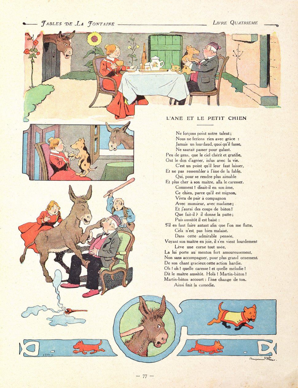 O burro e o cão pequeno, das "fábulas" por Jean de la Fontaine (1621-95) 1906 de Benjamin Rabier