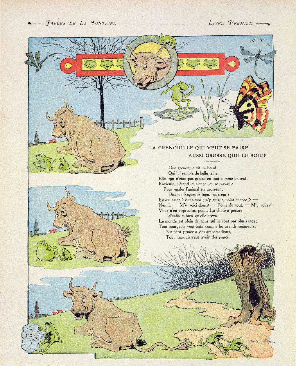 O sapo que queria ser tão gordo quanto o touro, ilustração de &39;Fábulas&39; de Jean de la Fontaine, edição de 1906 de Benjamin Rabier