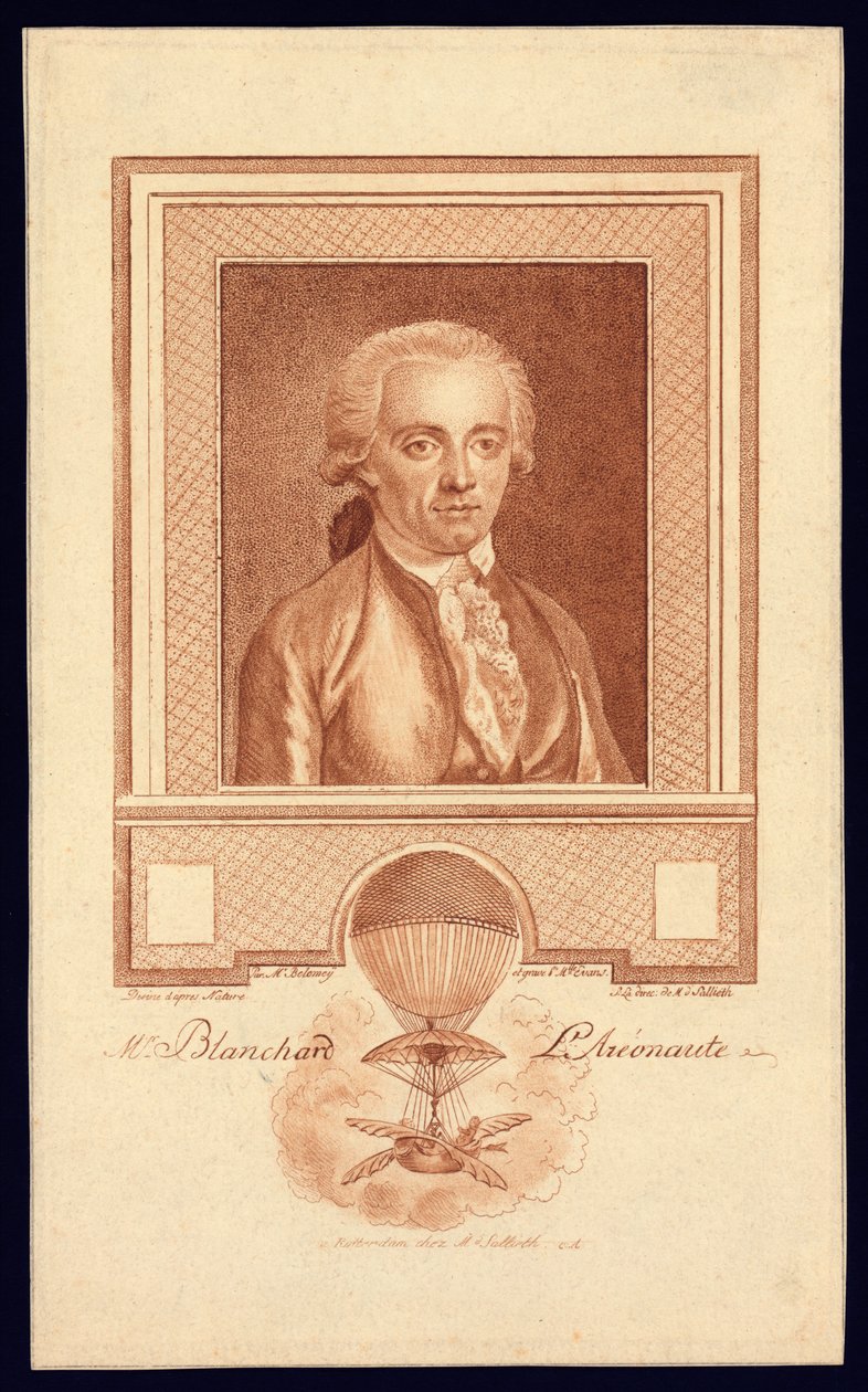 Sr. Blanchard, Aeronaut, c.1780-1800 stipple engraving de Benjamin Samuel Bolomey