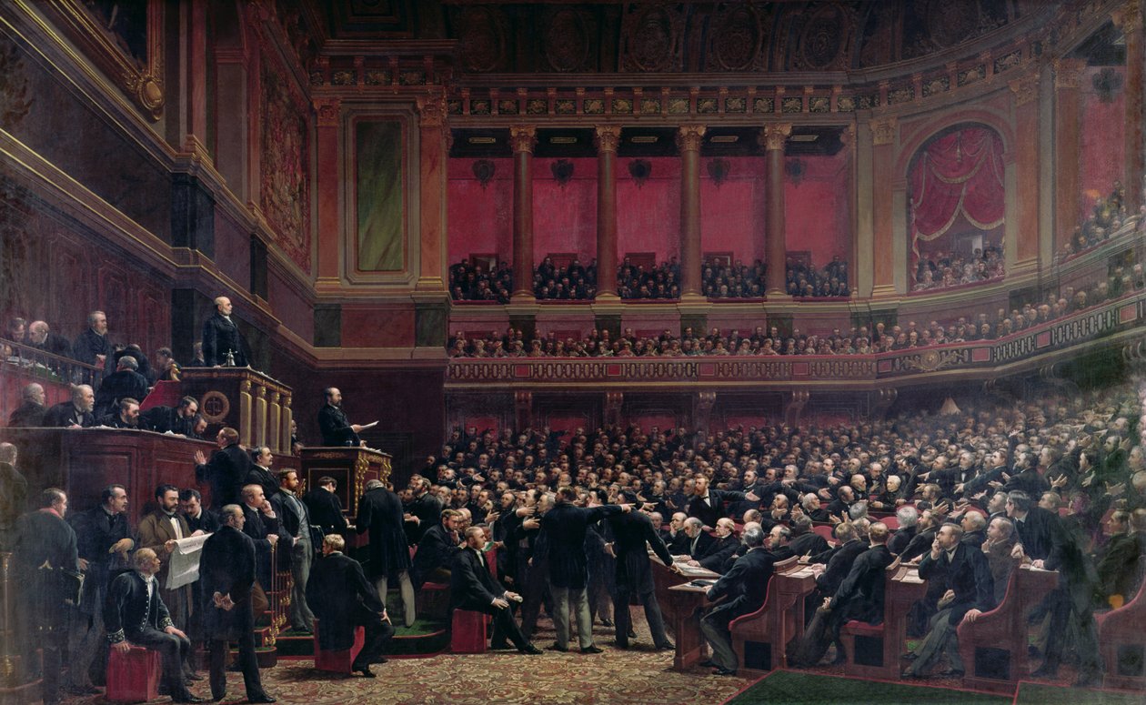 Louis Adolphe Thiers (1797-1877) Aclamado pelos deputados durante uma reunião, 16 de junho de 1877, c.1878 de Benjamin Ulmann