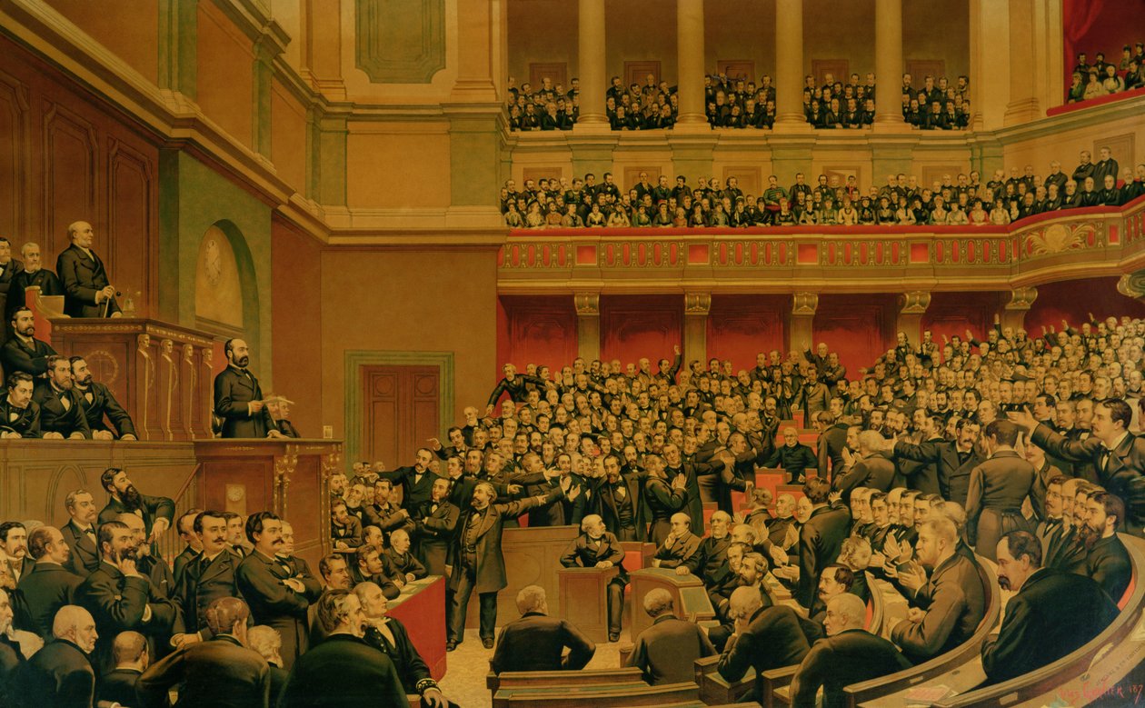 Louis Adolphe Thiers (1797-1877) Aclamado pela Assembleia Nacional, 16 de junho de 1877 (cromolito) de Benjamin Ulmann