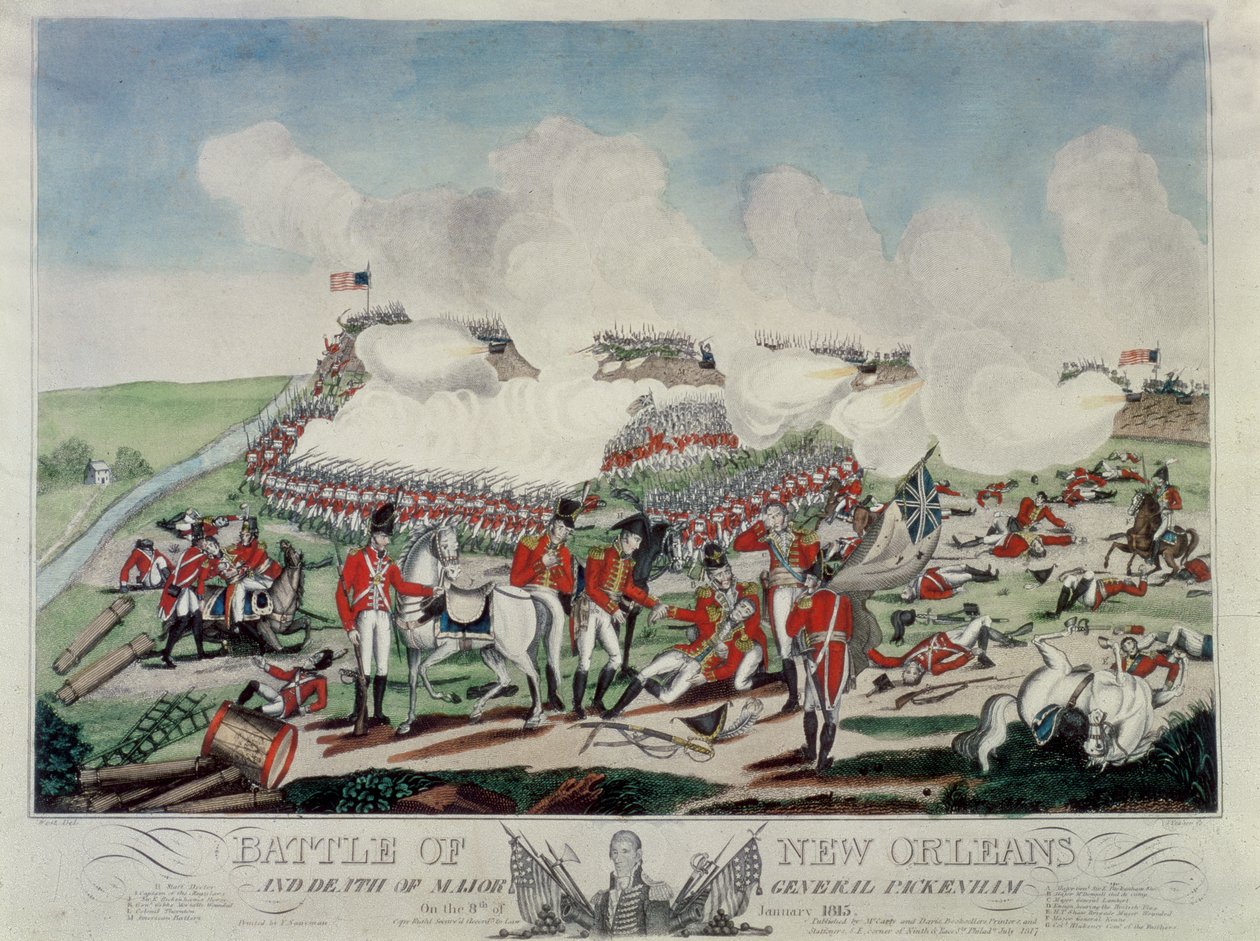 Batalha de Nova Orleans e Morte do Major-General Packenham em 8 de janeiro de 1815, gravada por J. Yeager, publicada por McCarly und Davis, 1817 de Benjamin West