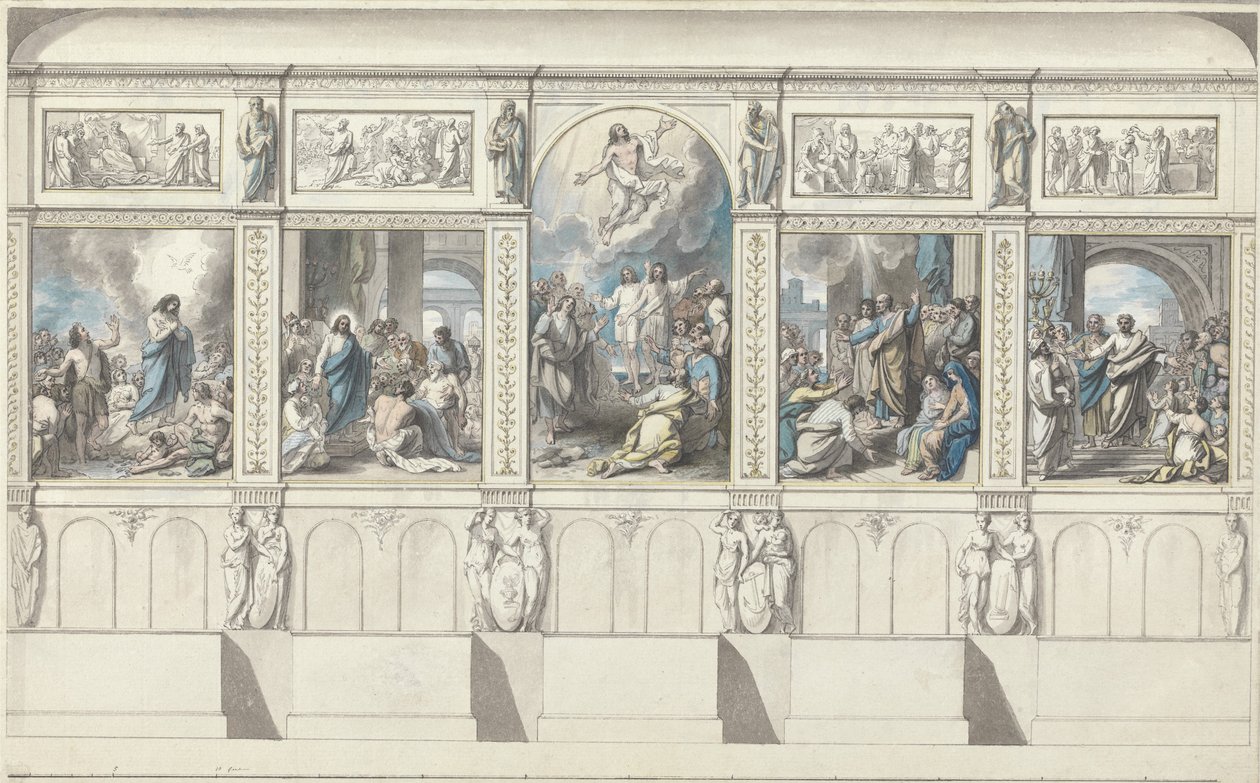 Projeto para uma parede da capela da religião revelada (wc, caneta e pincel e tinta em papel recuado para transferência) de Benjamin West