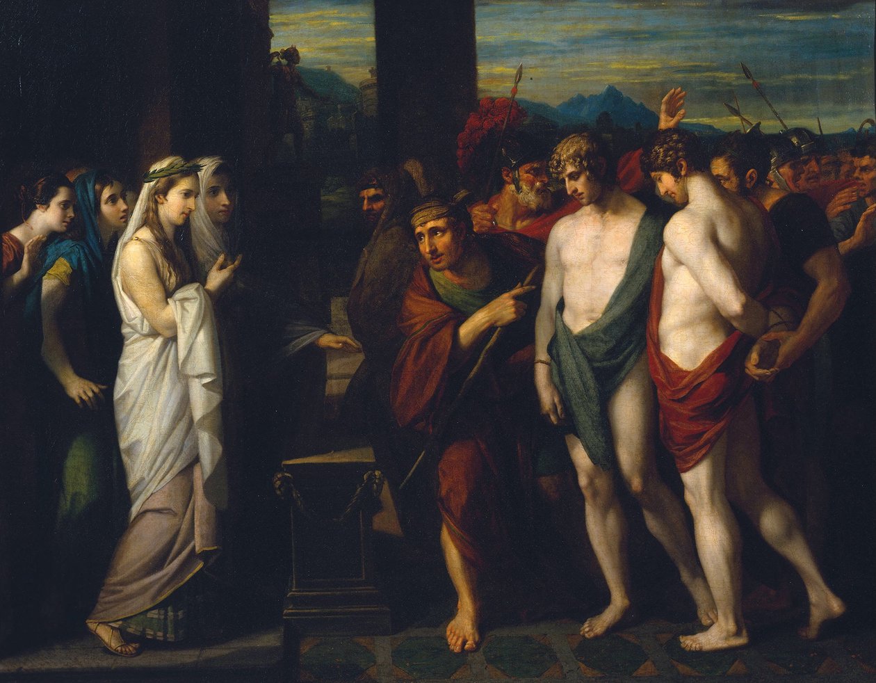 Pylades e Orestes trazidos como vítimas antes de Ifigênia de Benjamin West