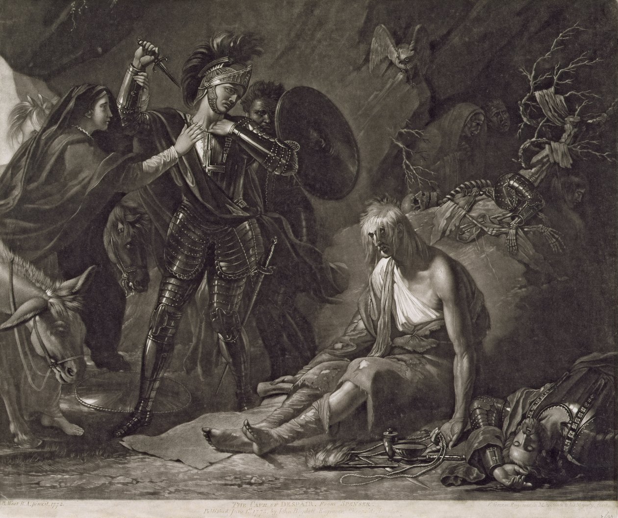 A Gruta do Desespero, de Spenser, gravada por Valentine Green (1739-1813) 1775 (mezzotint) de Benjamin West