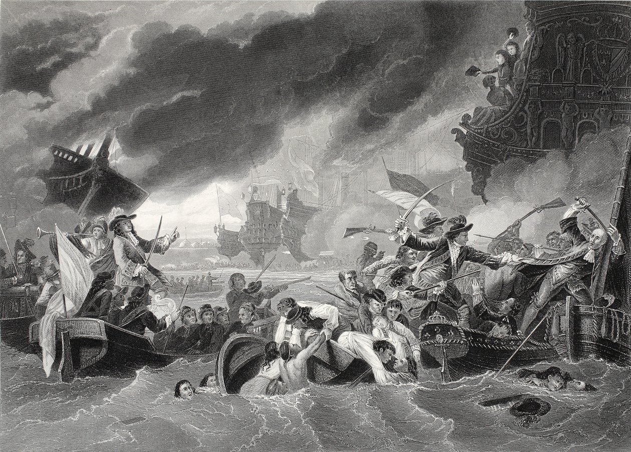 Batalha de La Hogue, gravada por W. French (litho) de Benjamin (after) West