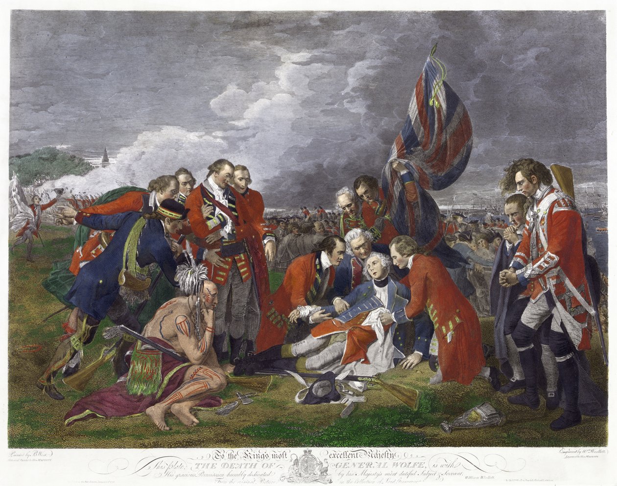 Morte do General Wolfe", segundo pintura de Benjamin West. James Wolfe (1727-1759), comandante do exército britânico, ferido mortalmente aquando da vitória sobre os franceses na Batalha das Planícies de Abraão, no Quebeque. Guerra dos Sete Anos Canadá Fran de Benjamin (after) West