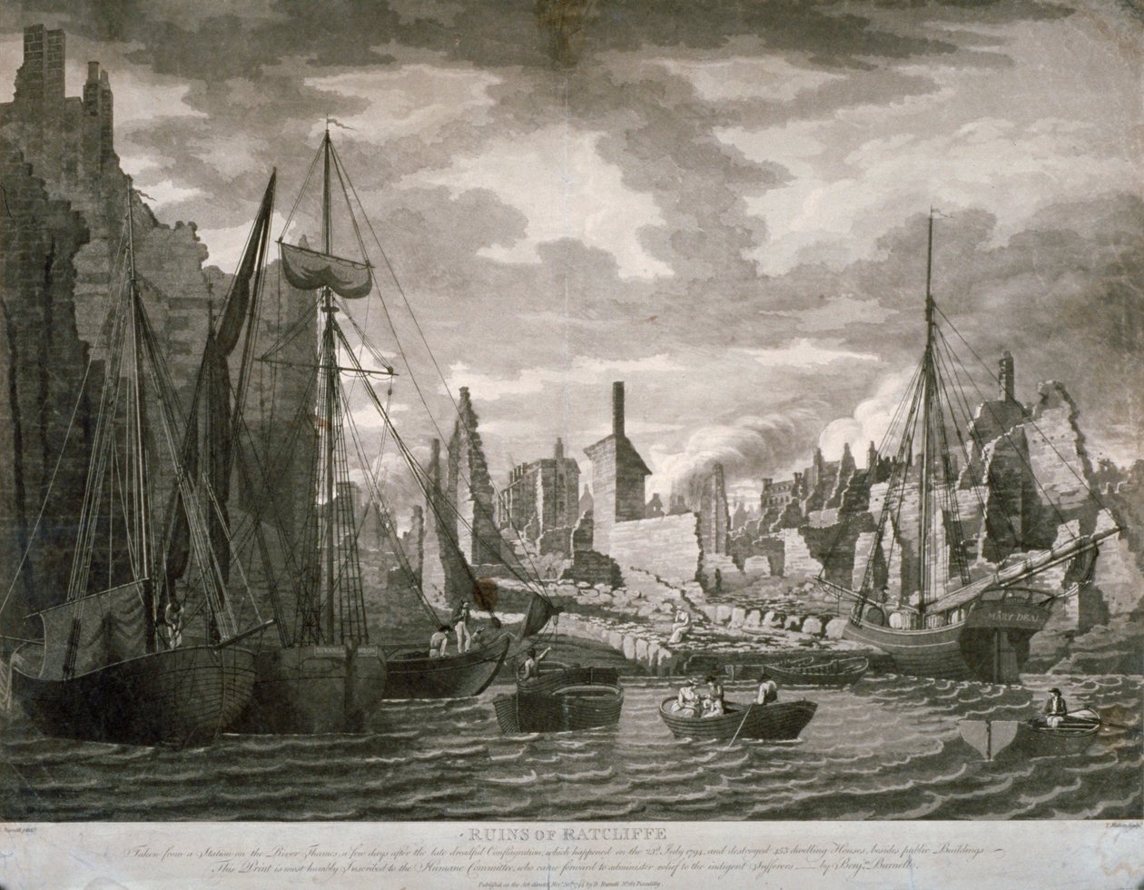 Vista da área de Ratcliffe, Londres, mostrando as ruínas após o incêndio de 23 de julho de 1794 de Benjamin Burnell
