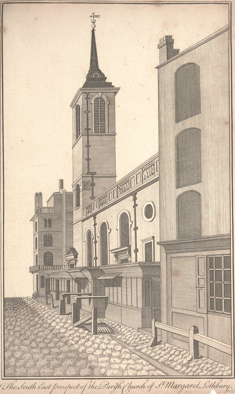 A Prospecção Sudeste da Igreja Paroquial de St. Margaret Lothbury, c.1750 (gravura) de Benjamin Cole