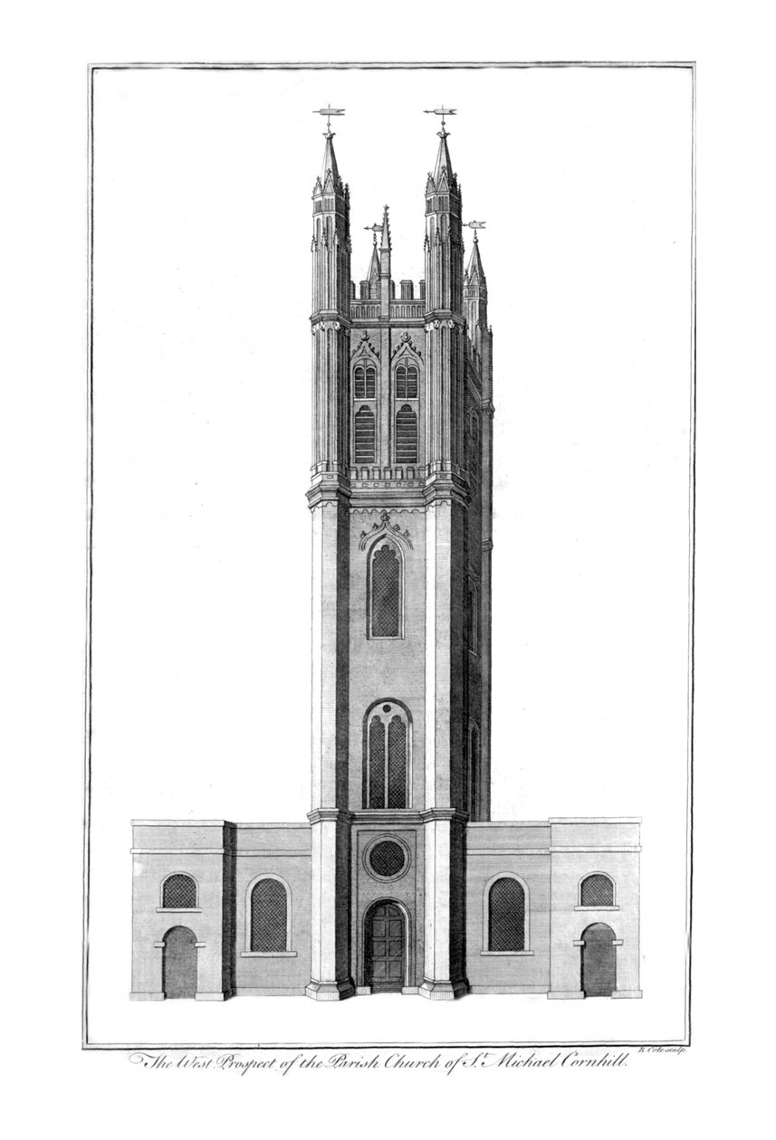 A perspectiva oeste da igreja paroquial de St. Michael Cornhill, c1756 de Benjamin Cole