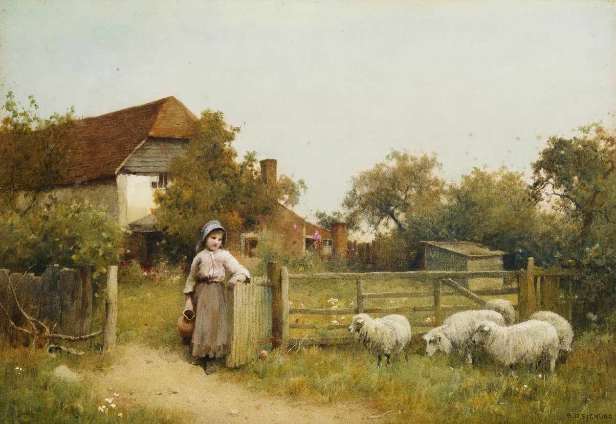 Rapariga com ovelhas, perto de um chalé de Benjamin D. Sigmund
