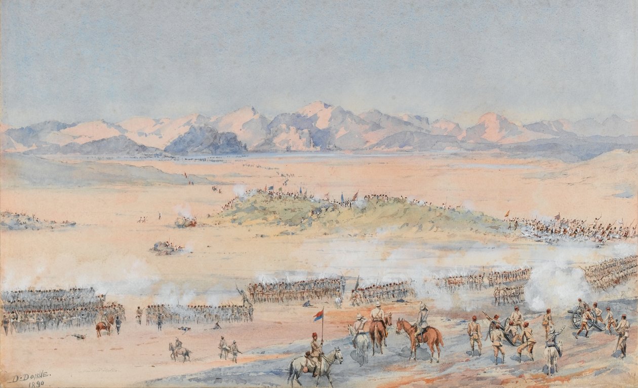 Avanço dos 9º e 10º Batalhões Sudaneses do Exército Egípcio na Batalha de Toski, 3 de Agosto de 1889 (aguarela) de Benjamin Donisthorpe Alsop Donne