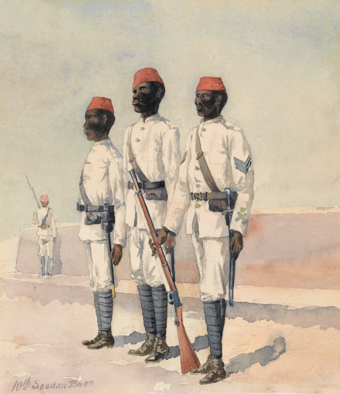 Sargento e dois outros oficiais do 10º Batalhão Sudanês, c.1889 (aguarela) de Benjamin Donisthorpe Alsop Donne