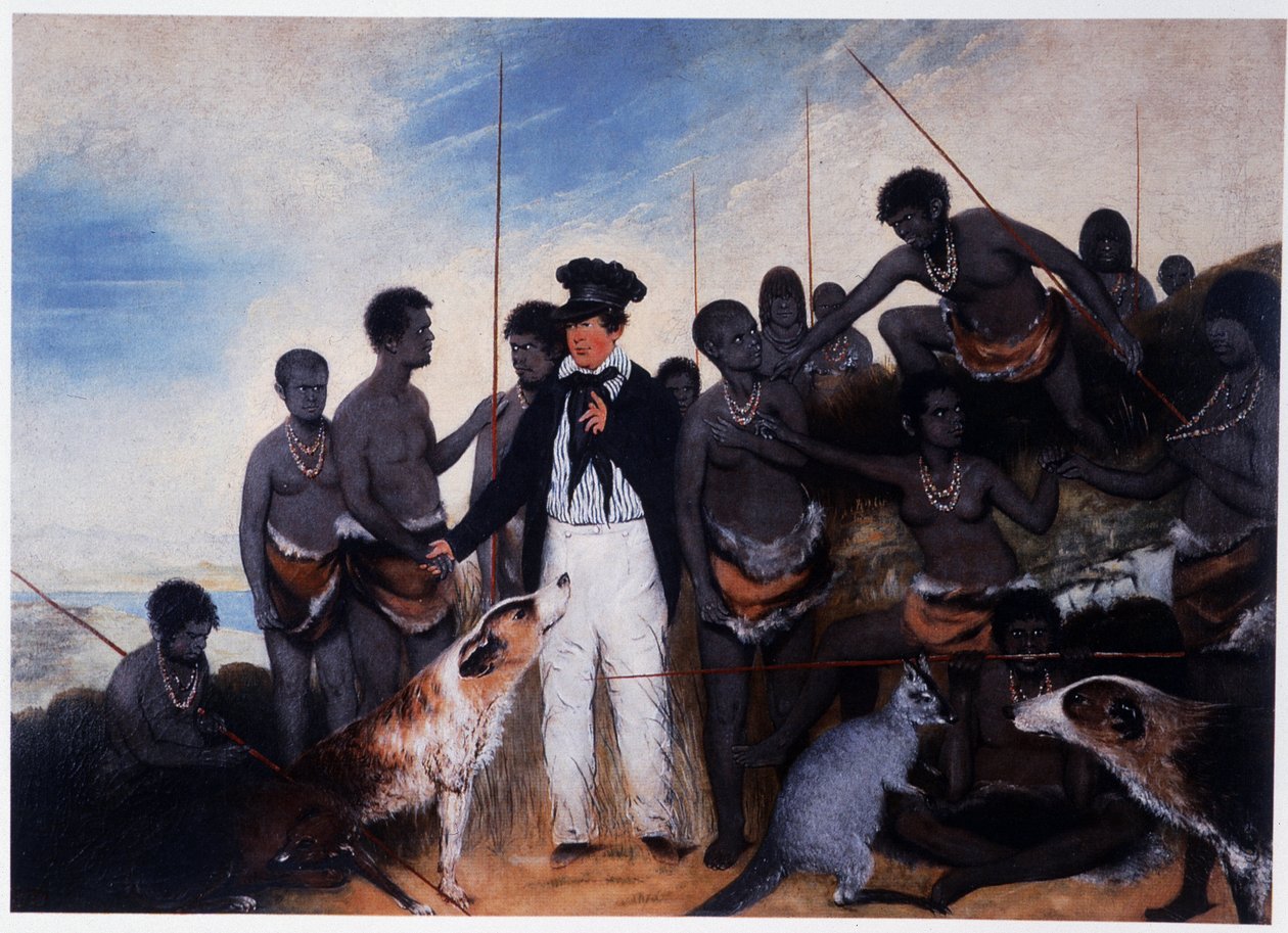 A conciliação: encontro de um colonizador com um grupo de aborígenes na Austrália - petróleo sobre tela, por Benjamin Duterrau de Benjamin Duterrau
