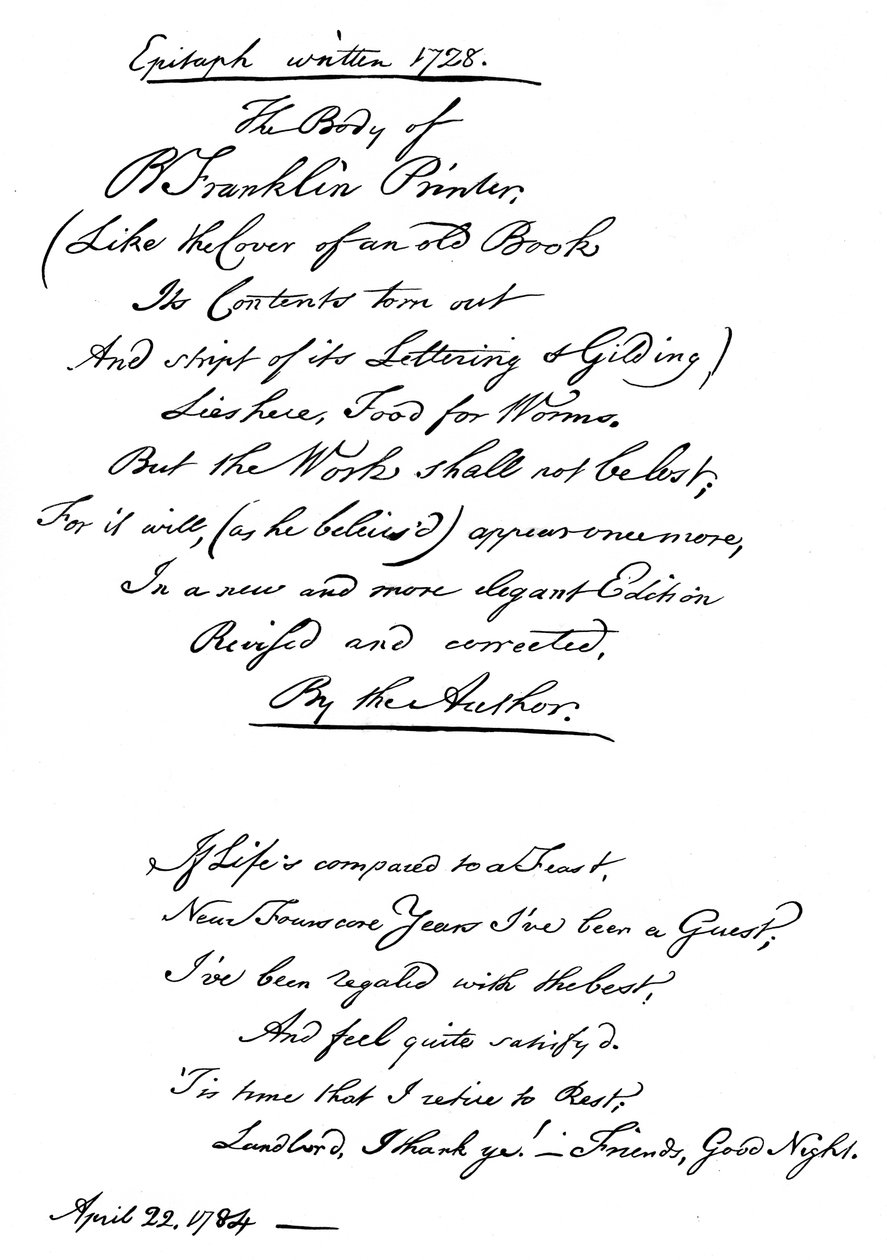 Epitáfio de Benjamin Franklins, escrito por ele mesmo, 1728, 1840 de Benjamin Franklin
