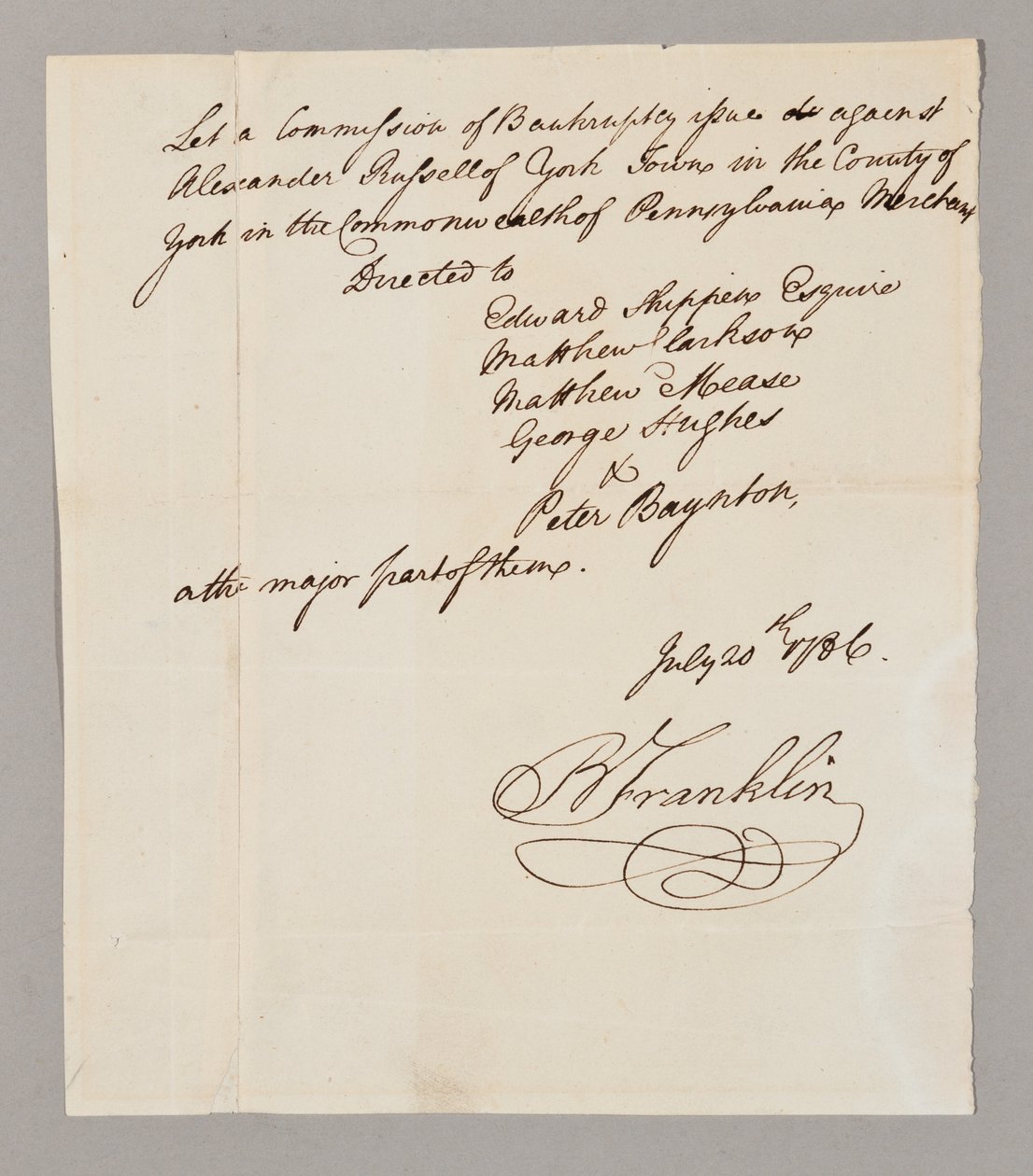 Comissão de falência, 20 de julho de 1786 (caneta e tinta sobre papel) (ver também 2561291-93) de Benjamin Franklin