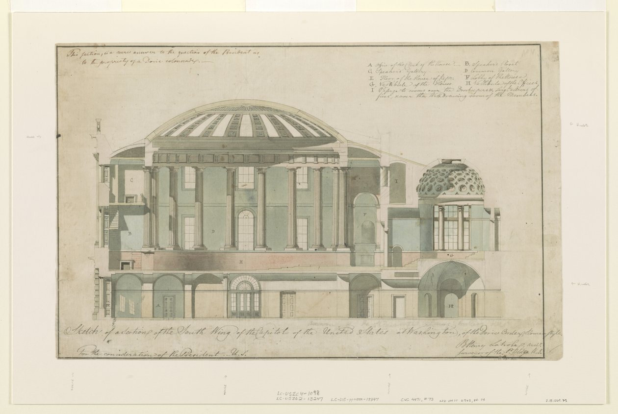 Seção de US Capitol South Wing, 1803 (caneta e tinta com lavagem no papel) de Benjamin Henry Latrobe