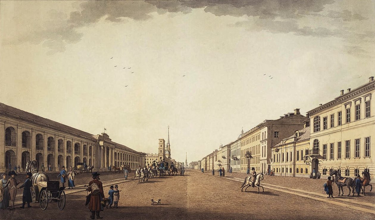 Vista de Nevsky Prospekt perto do Gostiny Dvor em São Petersburgo, 1799 de Benjamin Paterssen