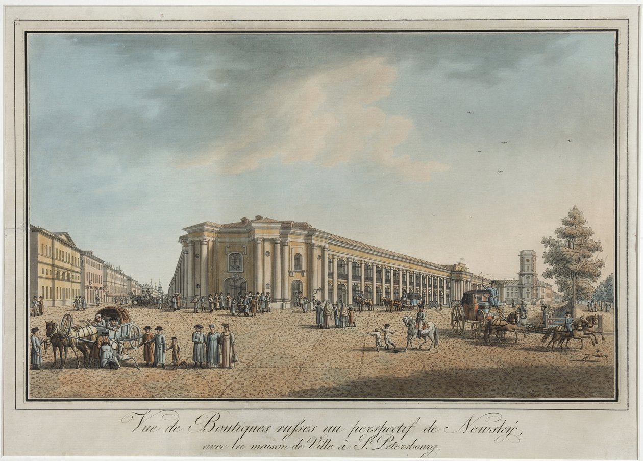 Nevsky Prospekt (perspectiva Nevski) perto do Grande Dvor Gostinho e da Duma em São Petersburgo - Benjamin Paterssen (1748-1815). Etching, aguarela, depois de 1802. Museu Estadual de História de São Petersburgo de Benjamin Patersson