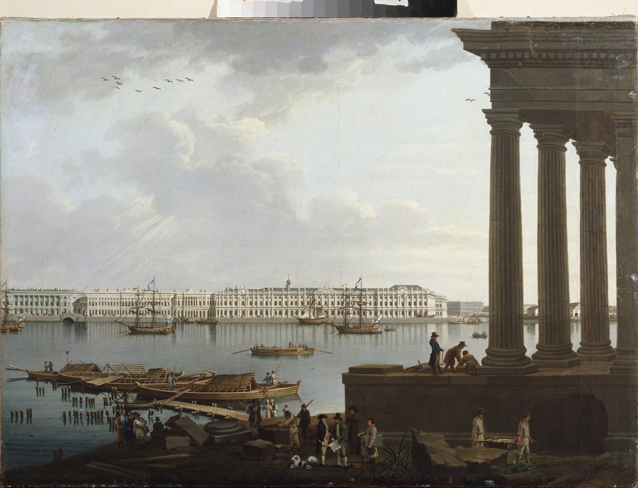 Vista do Palácio de Inverno e da Bolsa de Valores de São Petersburgo. Pintura de Benjamin Paterssen (1748-1815), óleo sobre tela de Benjamin Patersson