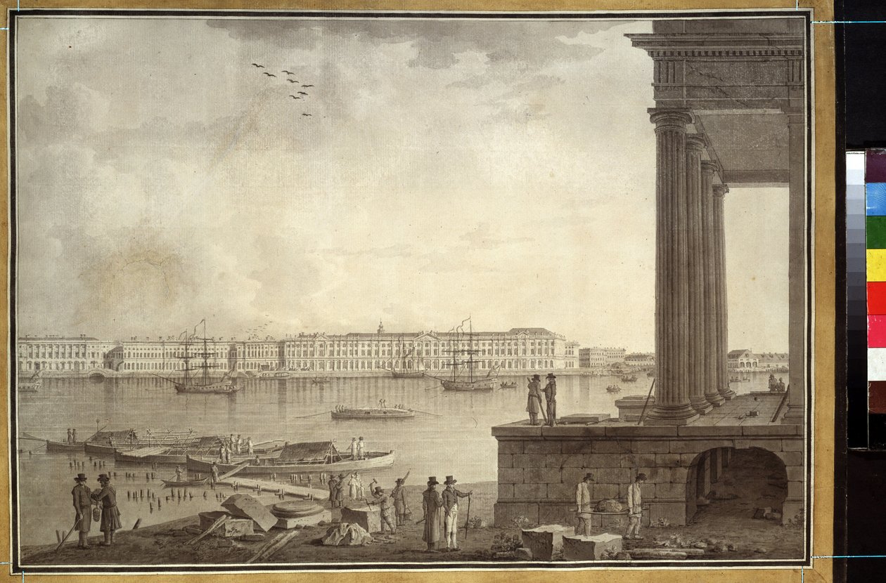 Vista do Palácio de Inverno e da Bolsa de Valores em São Petersburgo. Trabalho de Benjamin Paterssen (1748-1815), lápis e tinta sobre papel, ca. 1790. Arte sueca de Benjamin Patersson