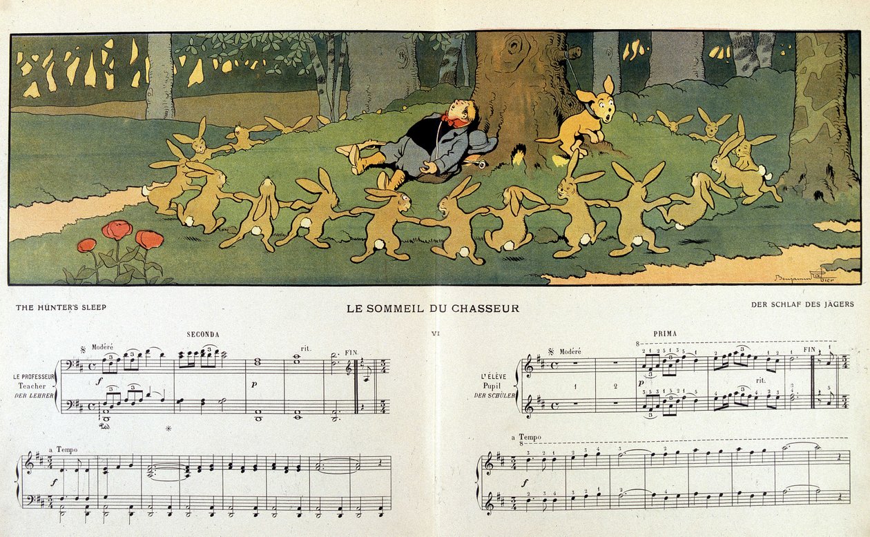 Coelhos rondando um caçador sonolento - em “” Les images en musique” de Jane Vieu, ilustrado por Benjamin Rabier (1864-1939) de Benjamin Rabier