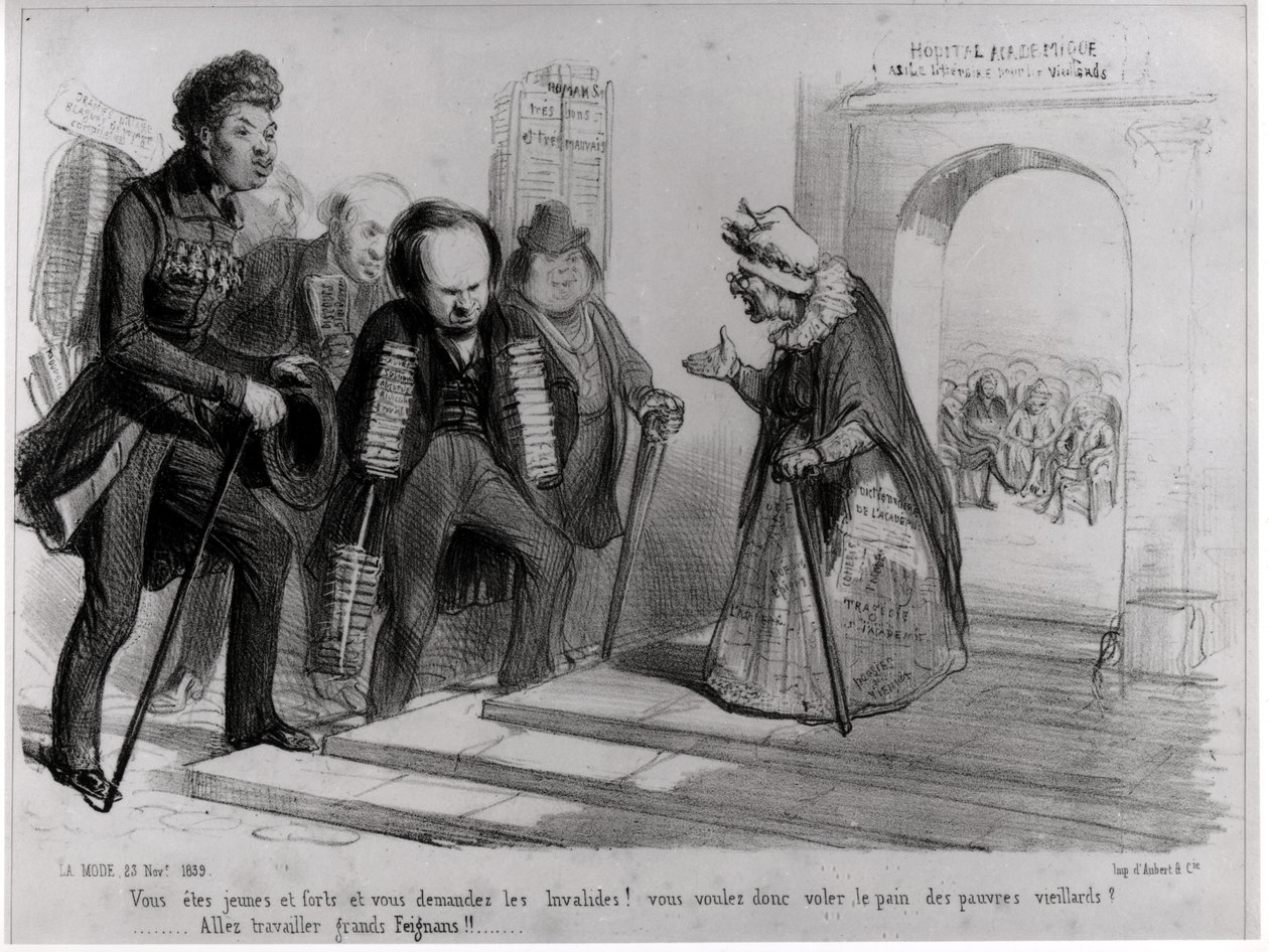 Dumas, Hugo et Balzac buscando sua admissão à Academia Francesa, ilustração de &39;La Mode&39;, 23 de novembro de 1839 (gravura) (foto bw) de Benjamin Roubaud