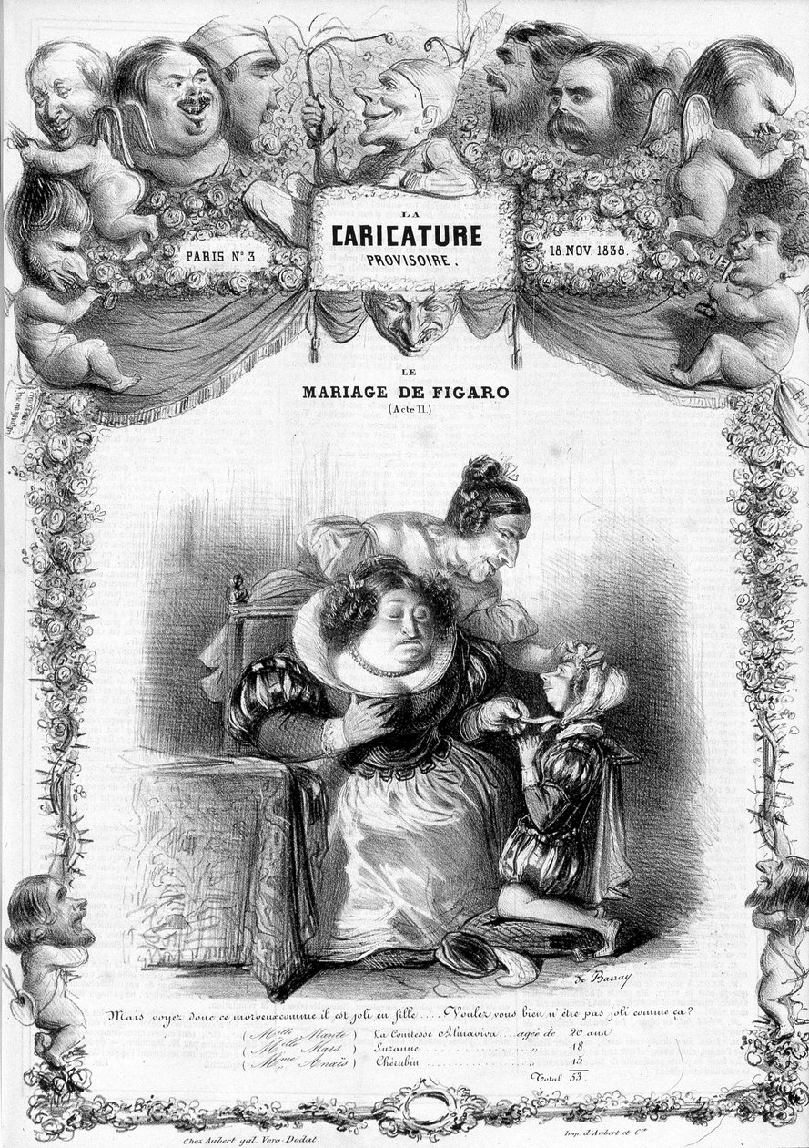 O casamento de Figaro, Acto 11, com os personagens de Suzanne e a condessa Almaviva: "_ mas veja este ranho como é bonita como uma menina... não será bonita assim? "" ilustração,1838. de Benjamin Roubaud