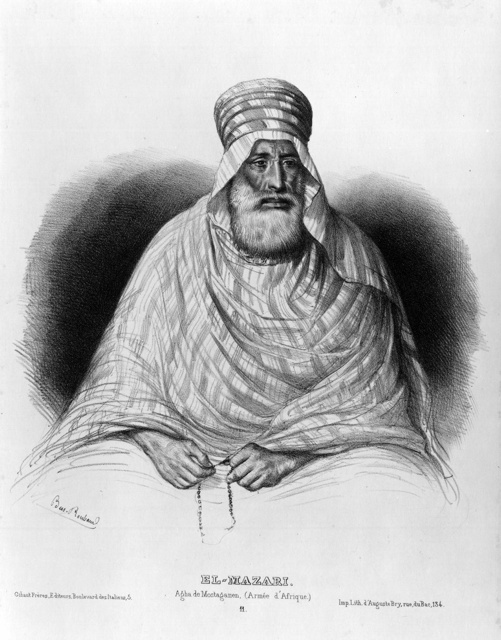 Retrato de El Mazari, Agha de Mostaganen (= Mostaganem) (Armee Africano) (desenho) de Benjamin Roubaud