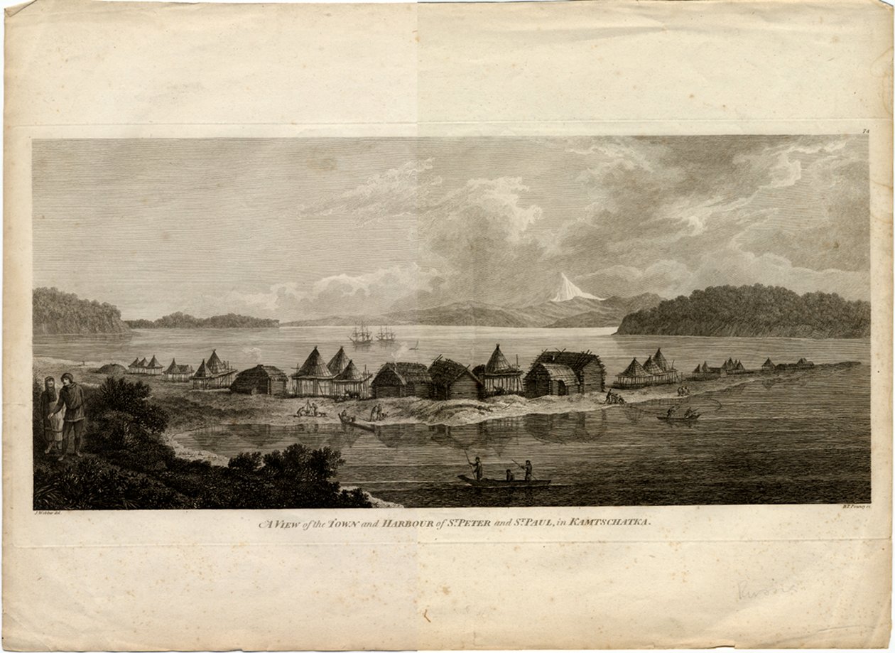 Vista da cidade e do porto de Petropavlovsk-Kamchatsky da viagem ao Oceano Pacífico, 1785 de Benjamin Thomas Pouncey