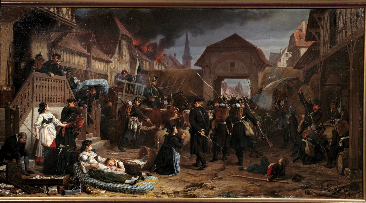 Guerra de 1870: "As requisições em Reichshoffen" A Batalha de Froeschwiller Woerth (Froeschwiller-Woerth) (ou Batalha de Reichshoffen) em 06/08/1870 viu a vitória da Prússia - Pintura de Benjamin Ullmann (1829-1884) 1871 Nancy, Musee historique Lorrai de Benjamin Ullmann