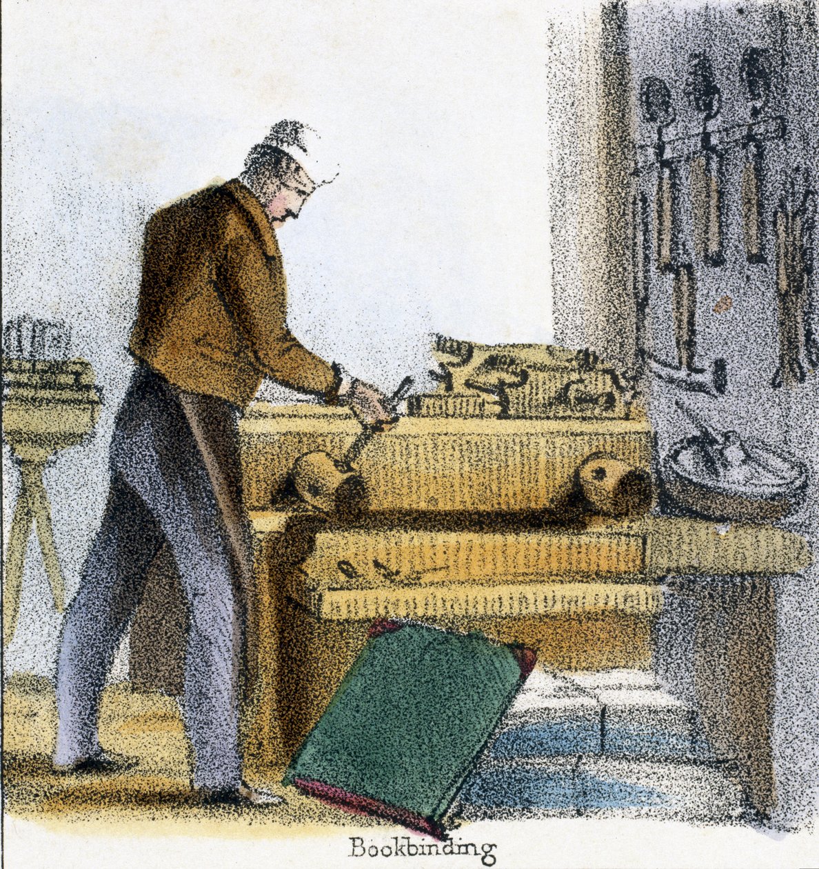 O Bookbinder, do menino, vaca e bezerro em ilustrações gráficas de animais - mostrando sua utilidade para o homem em seu emprego durante a vida e usa após a morte, c.1845 de Benjamin Waterhouse Hawkins