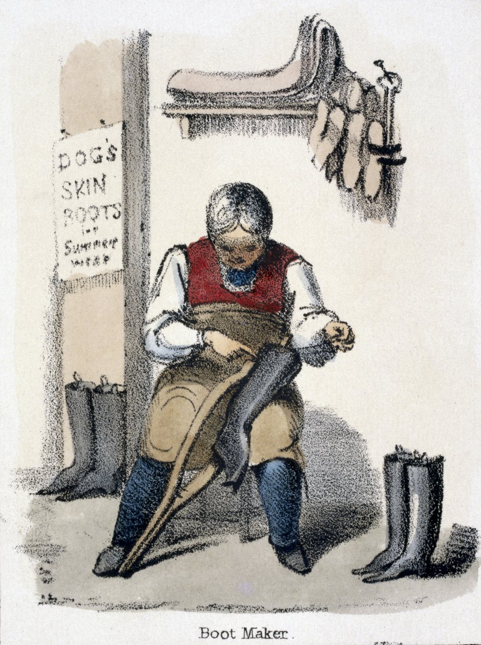 The Boot Maker, do cão em ilustrações gráficas de animais - mostrando sua utilidade para o homem em seu emprego durante a vida e usa após a morte, c.1845 de Benjamin Waterhouse Hawkins