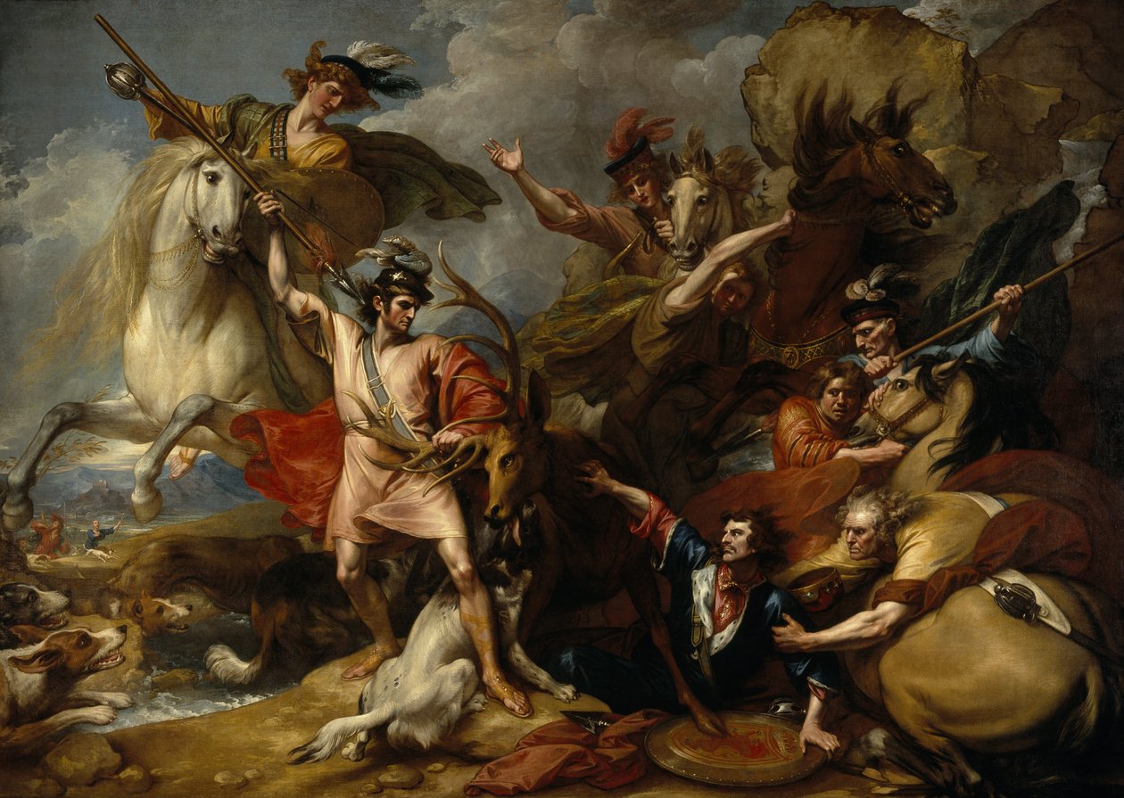 Alexandre III da Escócia salvo da fúria de um veado pela intrepidez de Colin Fitzgerald («A morte do veado») de Benjamin West