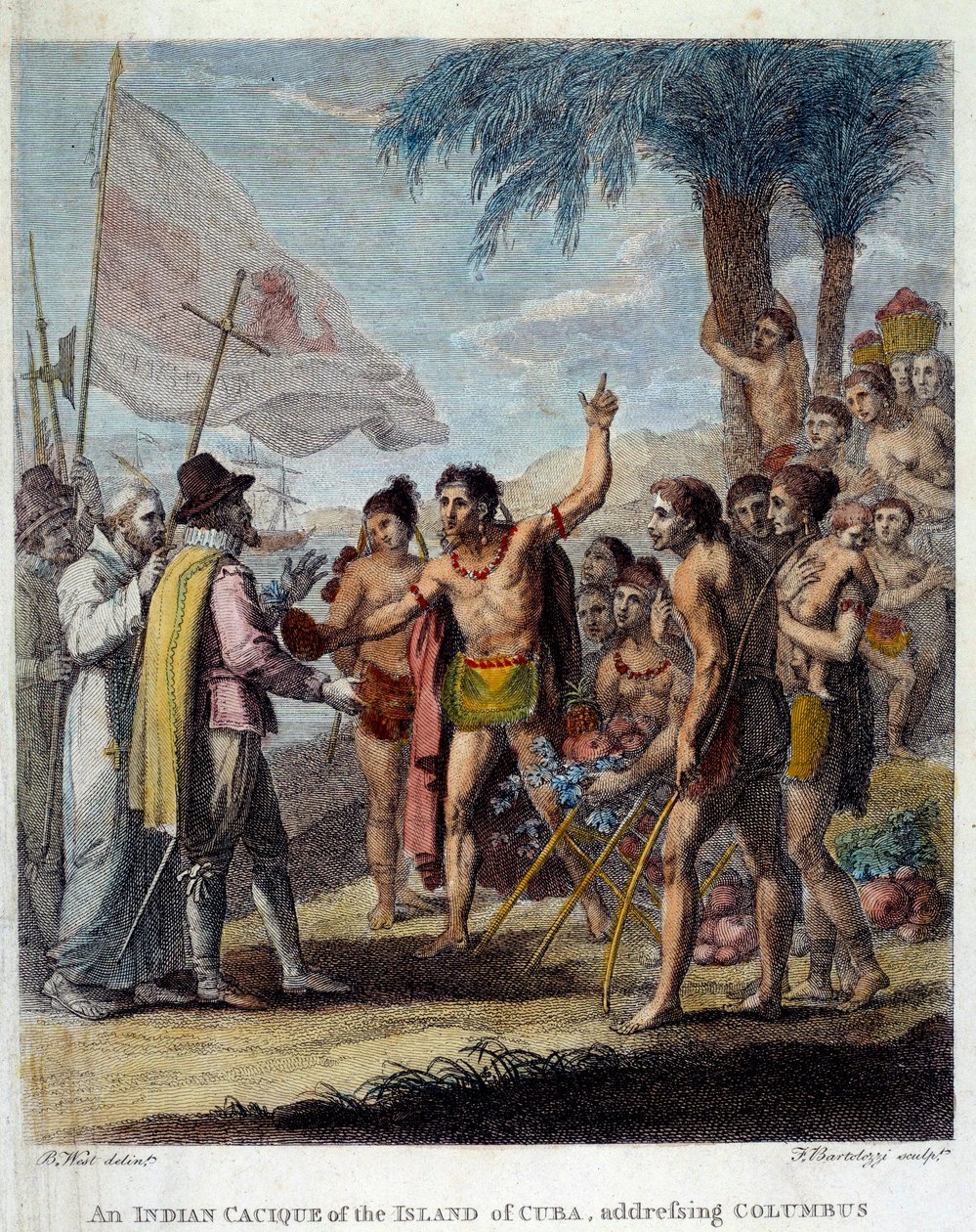 Um cacique indiano da ilha de Cuba dá as boas-vindas a Cristóvão Colombo (1451-1506) e a representantes militares e eclesiásticos europeus para discutir a criação de um novo Estado. Frontispício da "História Civil e Comercial das Colónias Britânicas do W de Benjamin West