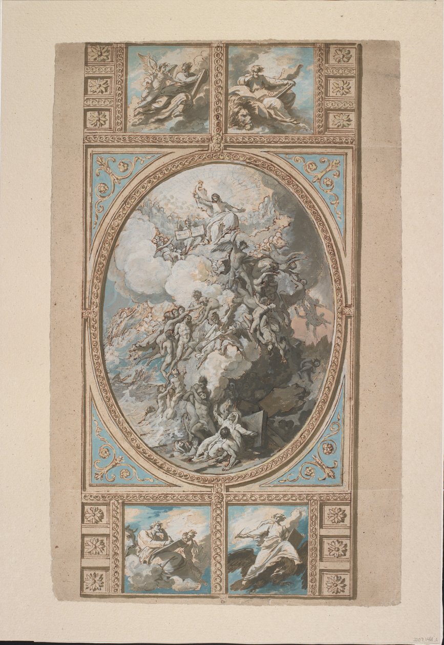 Design para a decoração do teto da Capela Real, Castelo de Windsor (reto), c.1779 (giz preto, caneta e tinta marrom e aquarela, aumentada com toques de branco, cinza e azul bodycolour e lavagem marrom de Benjamin West