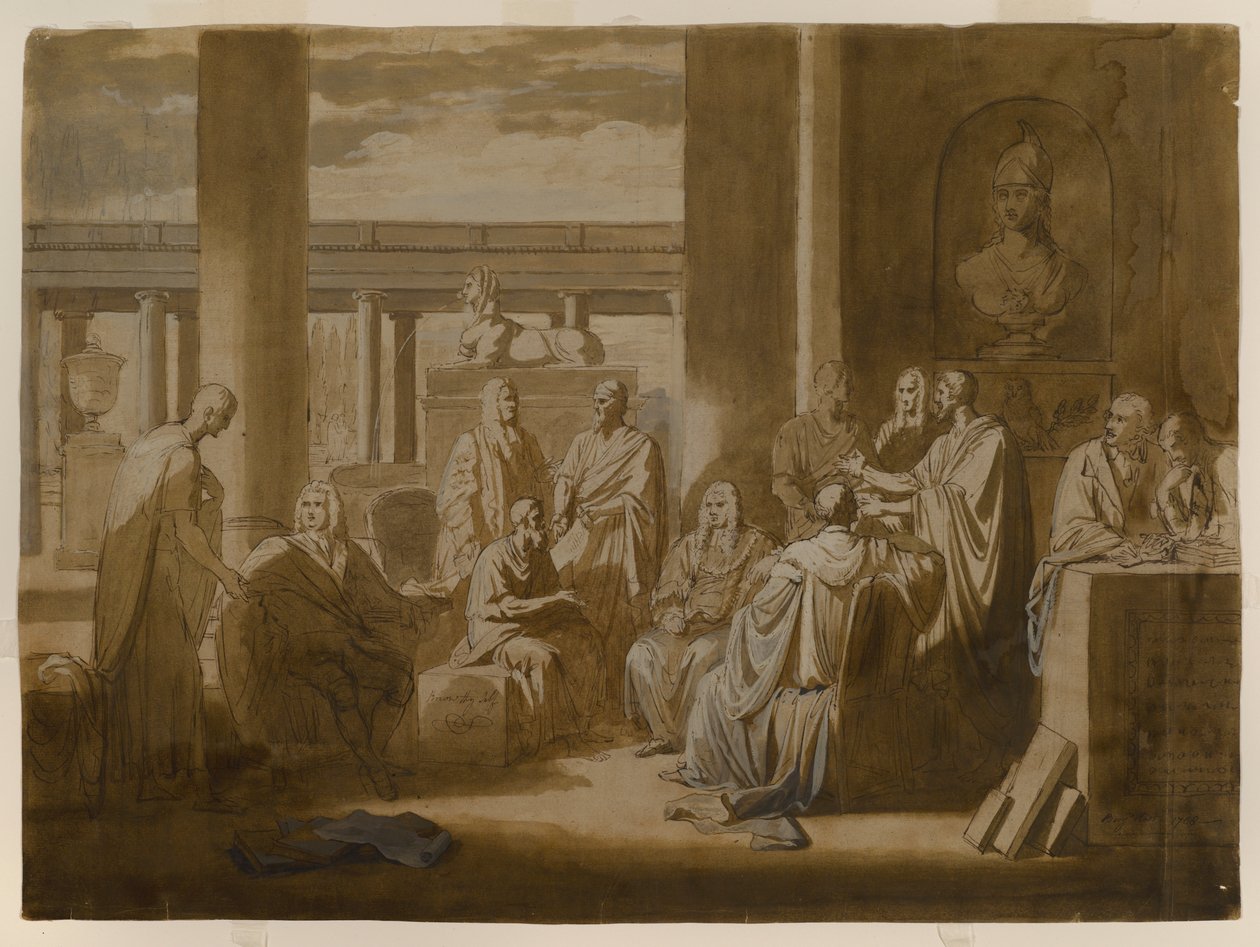 Know Thy Self, 1768 (tinta de lavagem de ferro, impasto de óleo e lavagens em papel de marfim) de Benjamin West