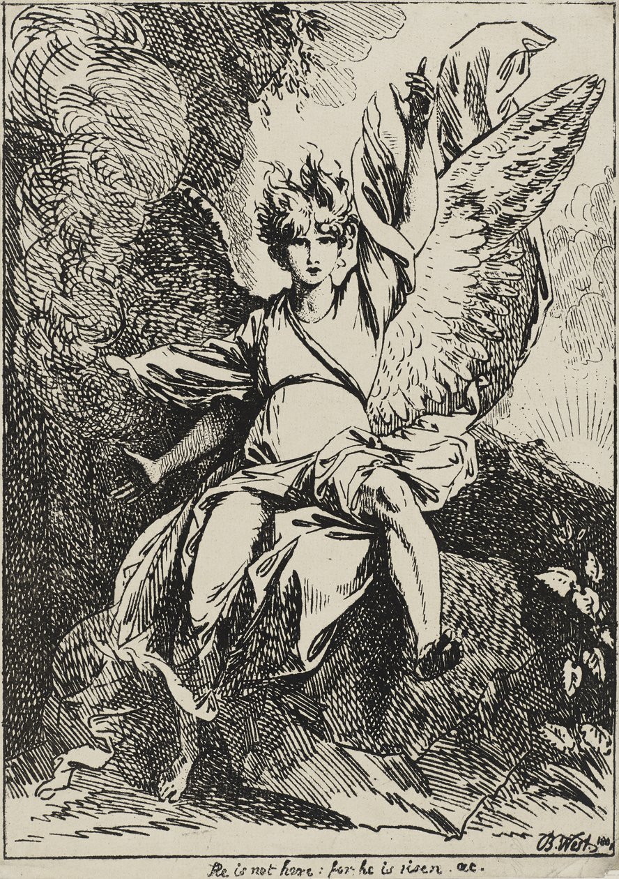 O Anjo da Ressurreição, 1801 (litografia de caneta em papel de parede montada na folha de suporte original com aquatinta marrom acinzentado) de Benjamin West