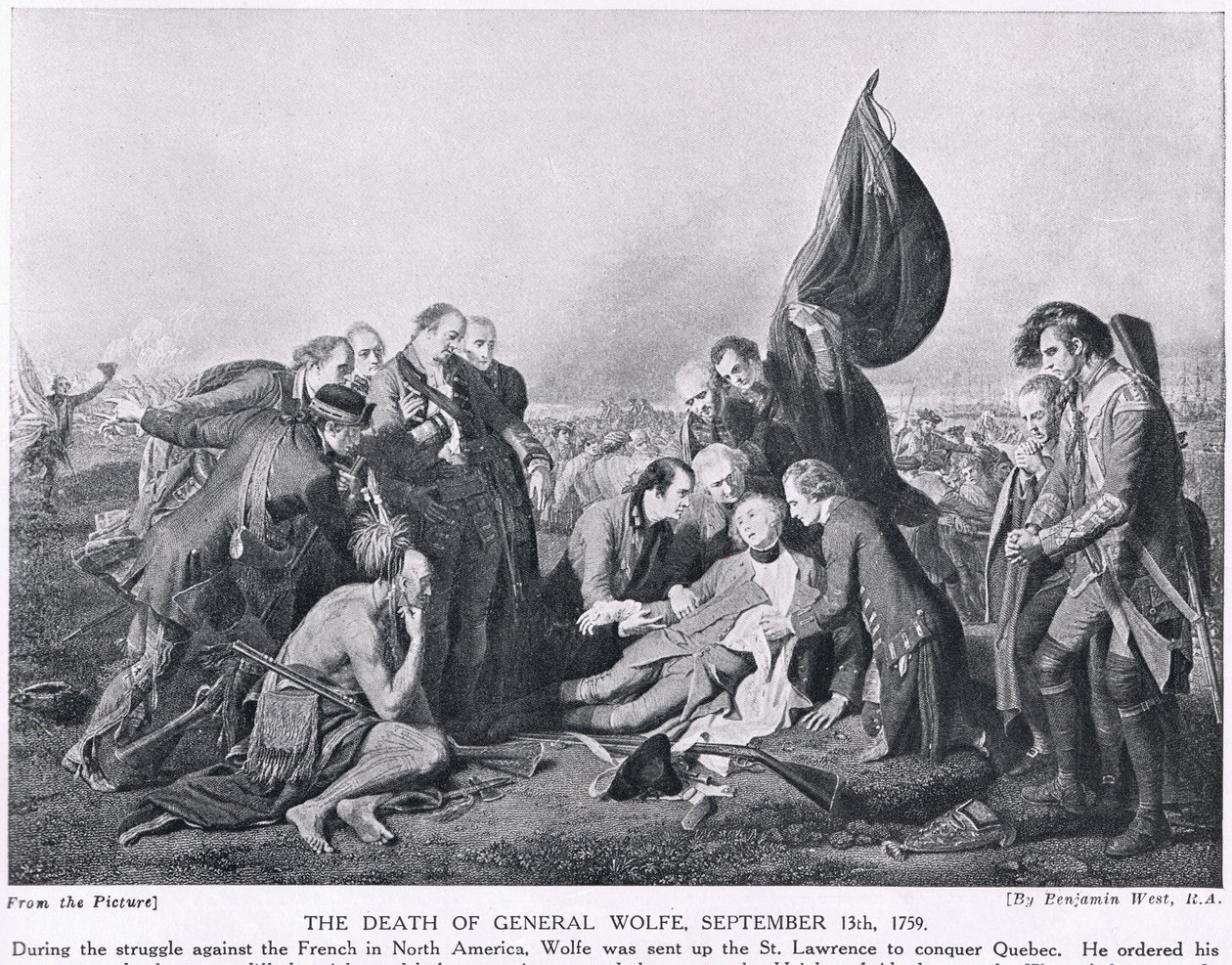 A Morte do General Wolfe, 13 de setembro de 1759, ilustração da "História das Nações de Hutchinson", c.1910 de Benjamin West