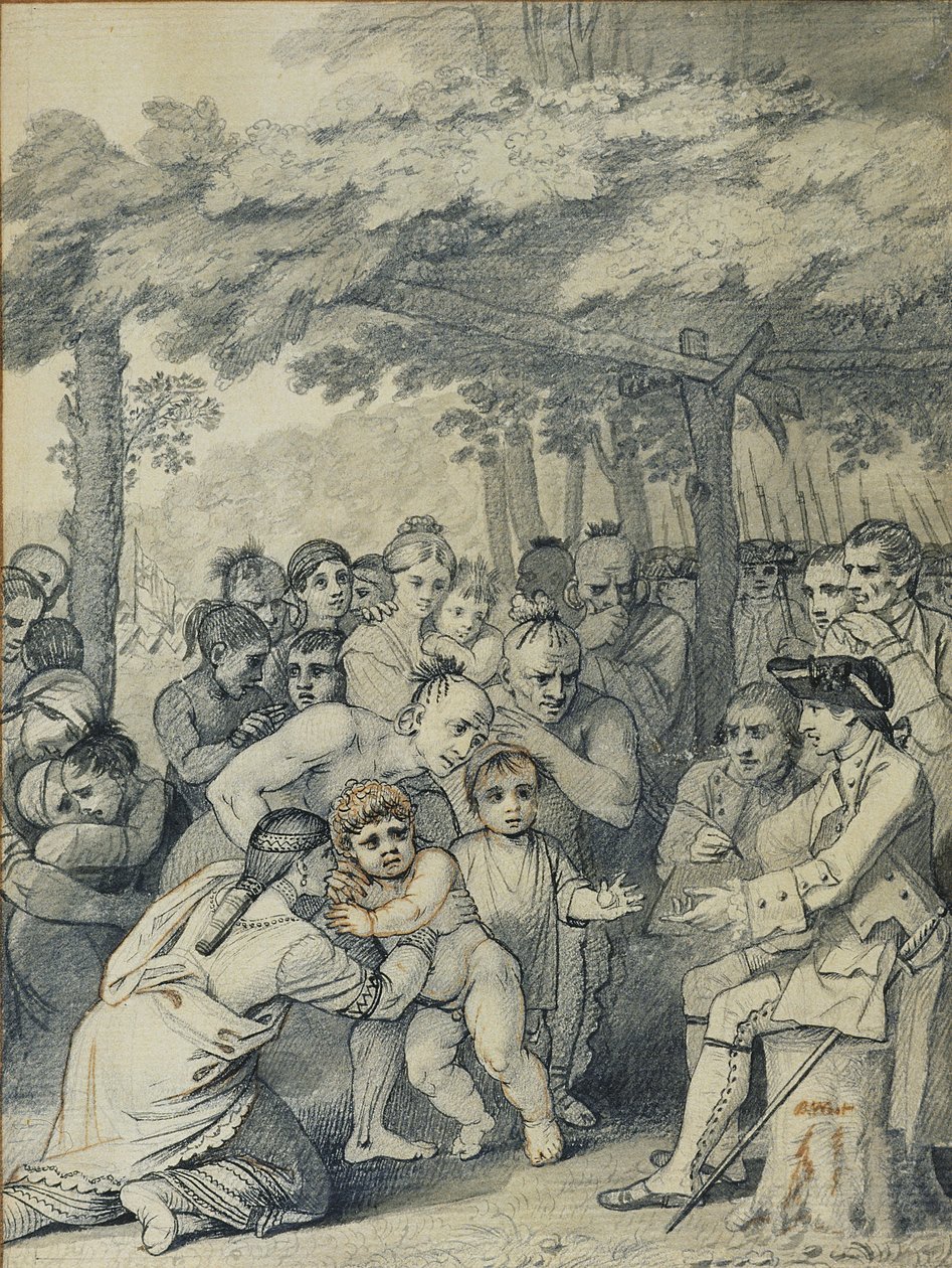 Os índios Entregando os ingleses cativos ao coronel Bouquet perto de seu acampamento no povo de Muskingum, na América do Norte, em novembro de 1764, c.1769 (pintar e lavar no papel) de Benjamin West