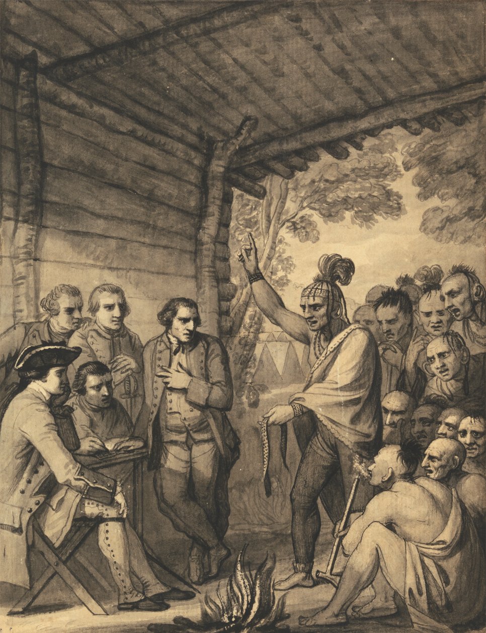 Os Índios a darem uma palestra ao Coronel Bouquet numa conferência num incêndio do Conselho, perto do seu acampamento nas margens do Muskingum na América, em Outubro de 1764, 1765 de Benjamin West