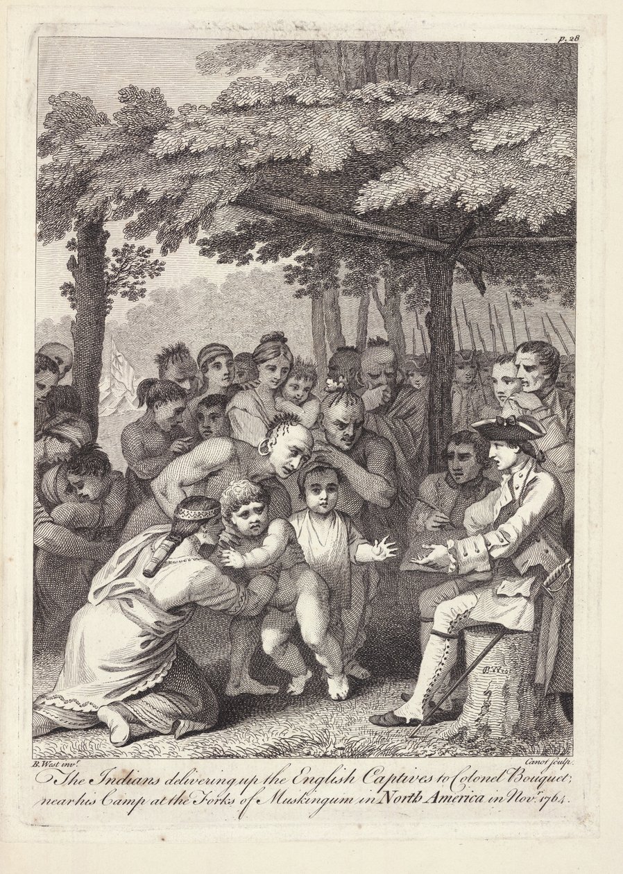 Os índios entregando os prisioneiros ingleses ao coronel Bouquet perto de seu acampamento nas Forks de Muskingham, na América do Norte, em novembro de 1764 de Benjamin West