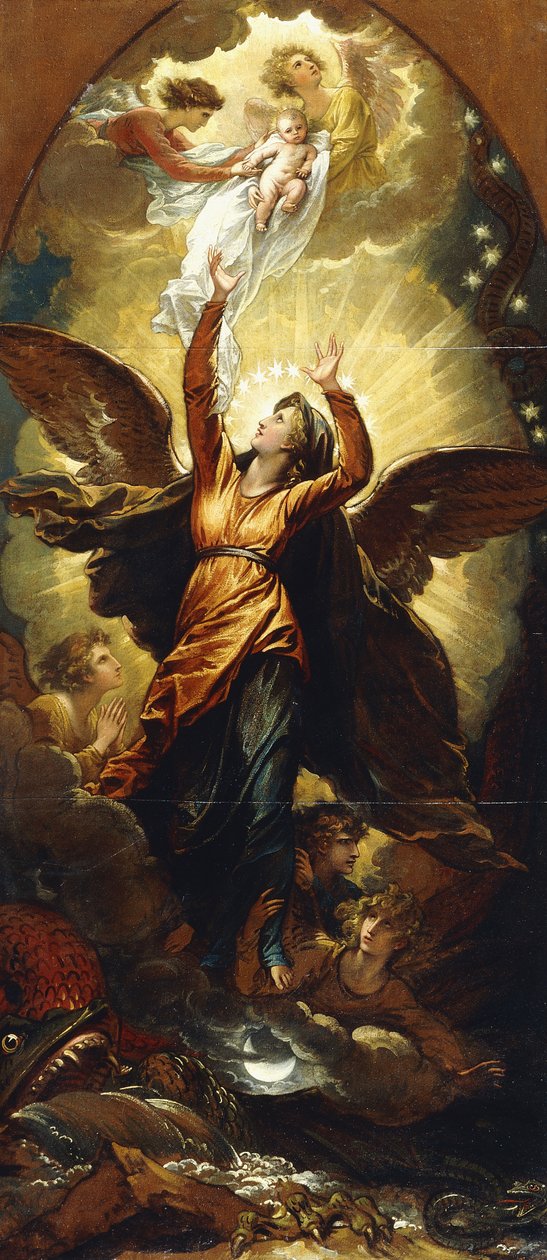 "A mulher vestida de sol foge da perseguição ao dragão", de Benjamin West